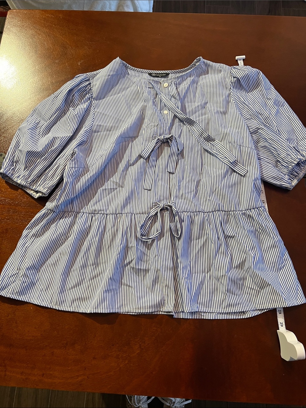 Blue and White Striped Tie-Front Peplum Blouse